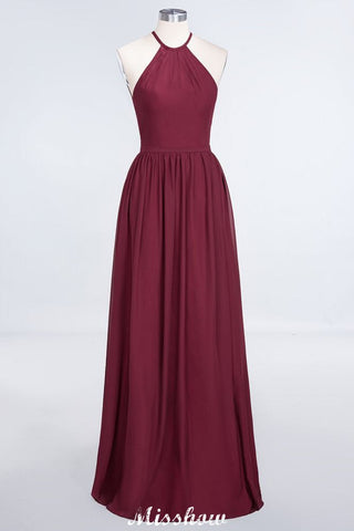 Vestido de dama de honor largo hasta el suelo, sin mangas y con cuello halter y volantes