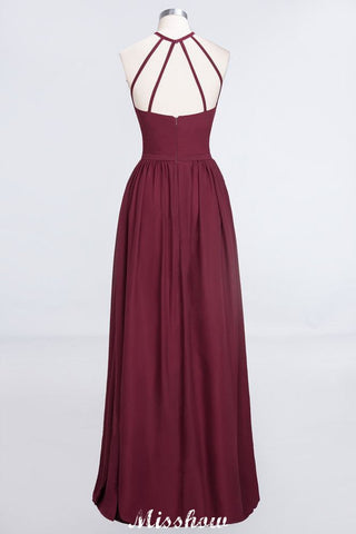 Vestido de dama de honor largo hasta el suelo, sin mangas y con cuello halter y volantes