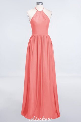 Vestido de dama de honor largo hasta el suelo, sin mangas y con cuello halter y volantes