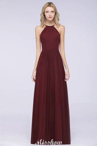 Vestido de dama de honor largo hasta el suelo, sin mangas y con cuello halter y volantes