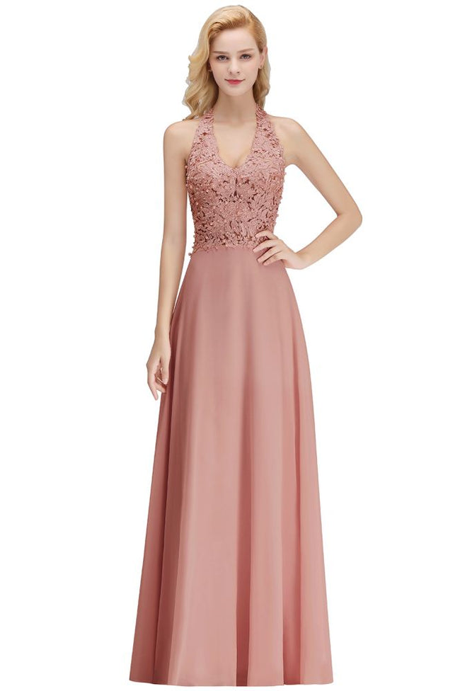 Halter Sleeveless Floral Appliques Evening Party Dress Aline Floor Length Bridesmaid Dress Main Image