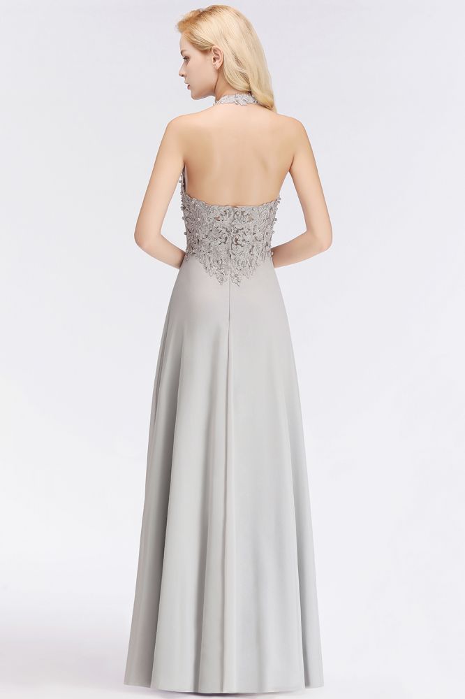 Halter Sleeveless Floral Appliques Evening Party Dress Aline Floor Length Bridesmaid Dress