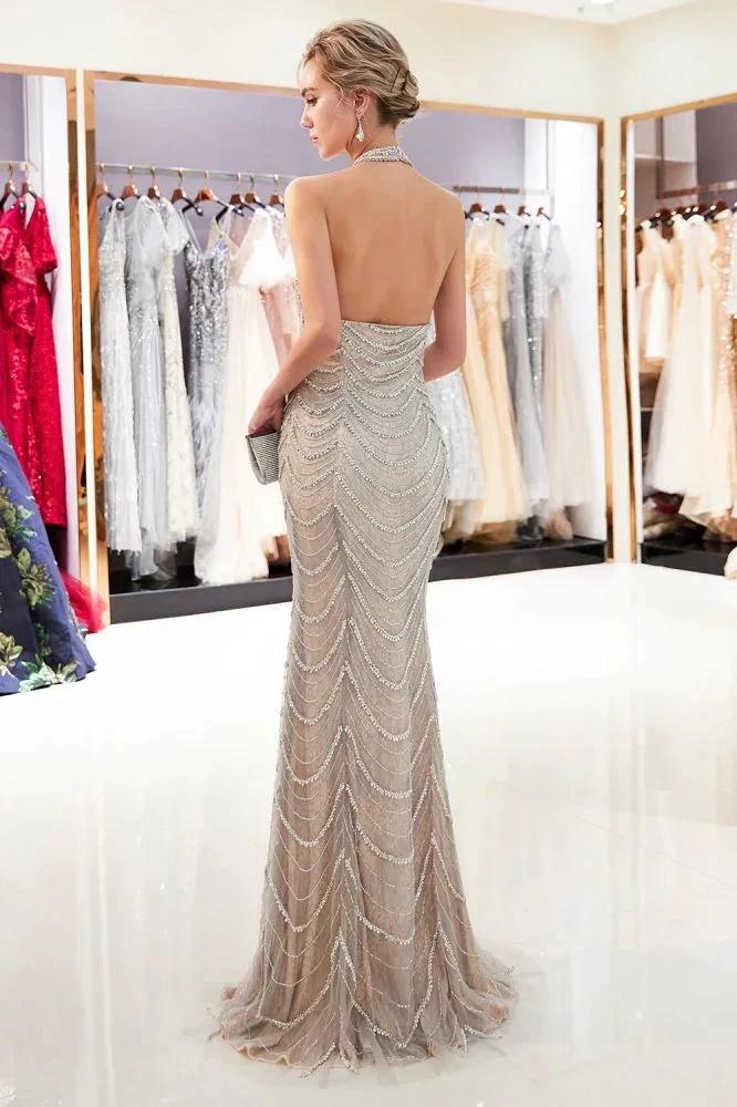 Halter Sleeveless Long Sequined Pattern Mermaid Evening Dress by misshow.com