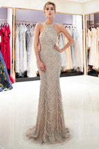 Halter Sleeveless Long Sequined Pattern Mermaid Evening Dress by misshow.com