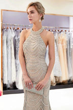 Halter Sleeveless Long Sequined Pattern Mermaid Evening Dress by misshow.com
