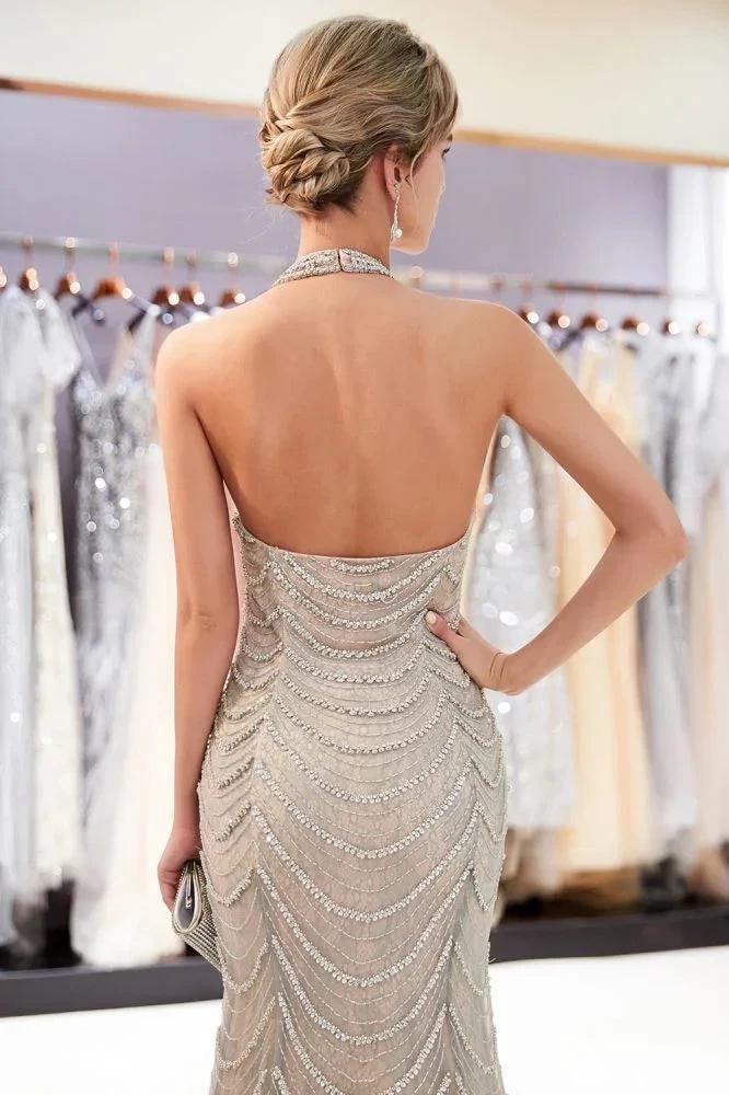 Halter Sleeveless Long Sequined Pattern Mermaid Evening Dress by misshow.com