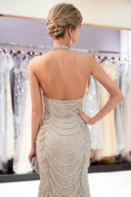 Halter Sleeveless Long Sequined Pattern Mermaid Evening Dress by misshow.com