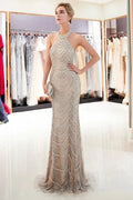 Halter Sleeveless Long Sequined Pattern Mermaid Evening Dress by misshow.com