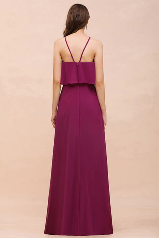 Vestido de dama de honor morado sin mangas con cuello halter y bolsillos laterales