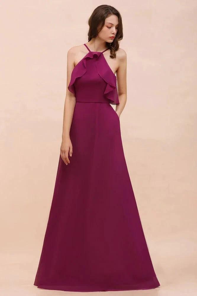 Halter Sleeveless Purple Bridesmaid Dress with Side Pockets by misshow.com
