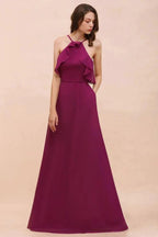 Halter Sleeveless Purple Bridesmaid Dress with Side Pockets by misshow.com