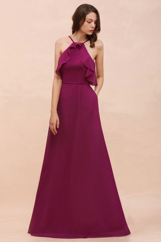 Vestido de dama de honor morado sin mangas con cuello halter y bolsillos laterales
