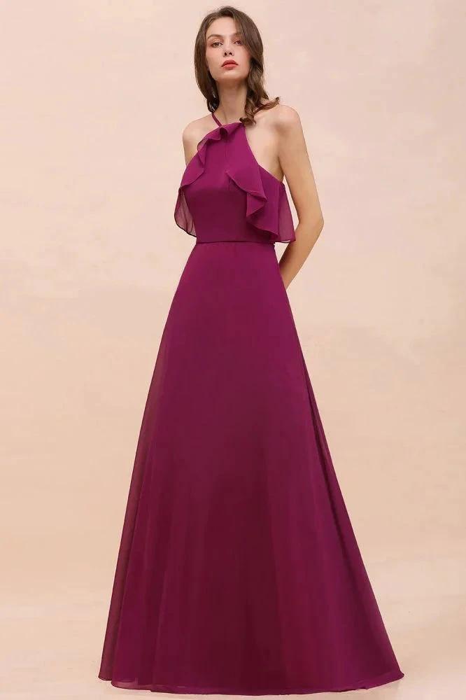 Halter Sleeveless Purple Bridesmaid Dress with Side Pockets by misshow.com