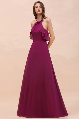 Vestido de dama de honor morado sin mangas con cuello halter y bolsillos laterales