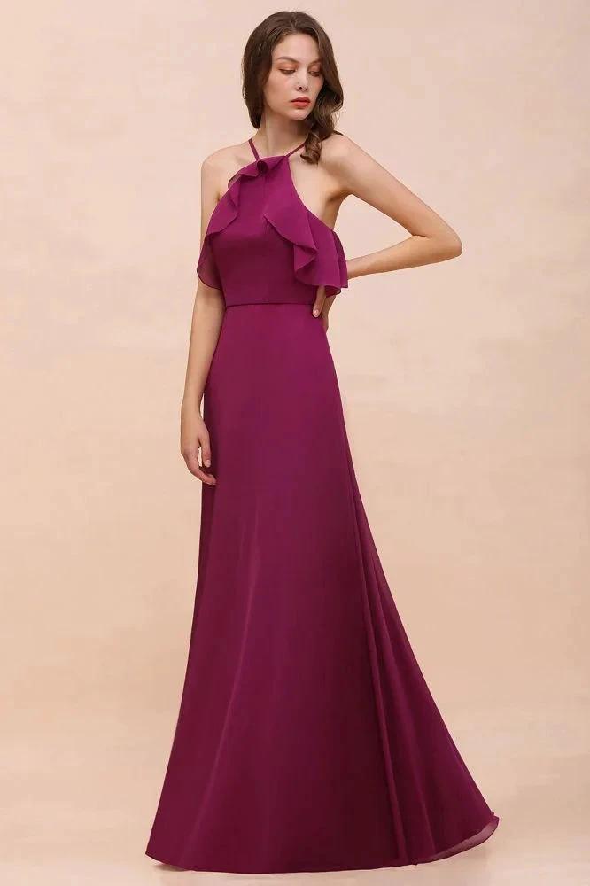 Halter Sleeveless Purple Bridesmaid Dress with Side Pockets by misshow.com