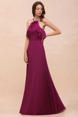 Vestido de dama de honor morado sin mangas con cuello halter y bolsillos laterales