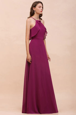 Vestido de dama de honor morado sin mangas con cuello halter y bolsillos laterales