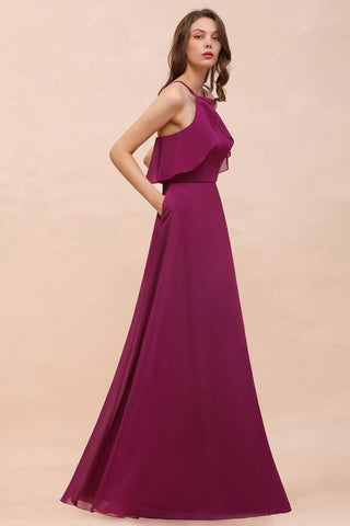 Vestido de dama de honor morado sin mangas con cuello halter y bolsillos laterales