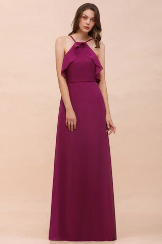 Vestido de dama de honor morado sin mangas con cuello halter y bolsillos laterales