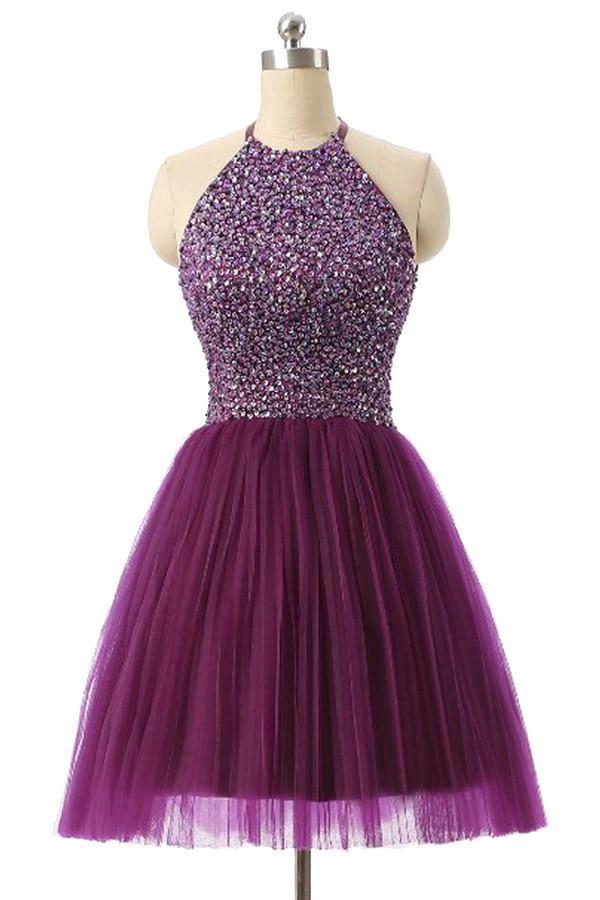 Halter Sleeveless Short Purple Homecoming Dresses Prom Dresses PG014 by pgmdress