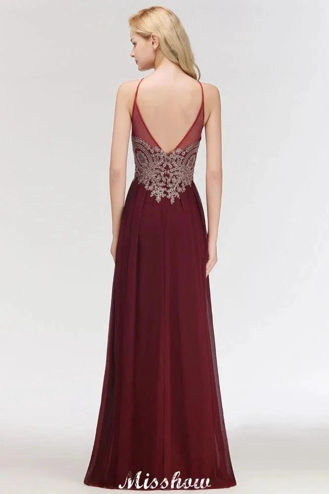 Halter Spaghetti Gold Appliques Swing Dress Sleeveless Tulle Chiffon Evening Maxi Dress by misshow.com