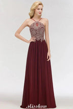 Halter Spaghetti Gold Appliques Swing Dress Sleeveless Tulle Chiffon Evening Maxi Dress by misshow.com