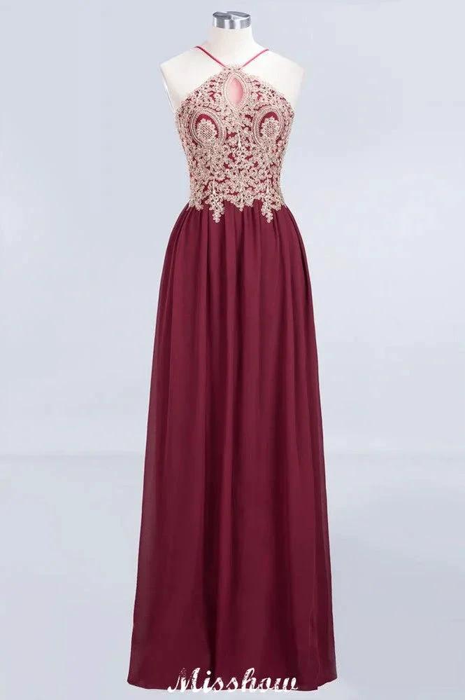 Halter Spaghetti Gold Appliques Swing Dress Sleeveless Tulle Chiffon Evening Maxi Dress by misshow.com
