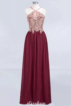 Halter Spaghetti Gold Appliques Swing Dress Sleeveless Tulle Chiffon Evening Maxi Dress by misshow.com