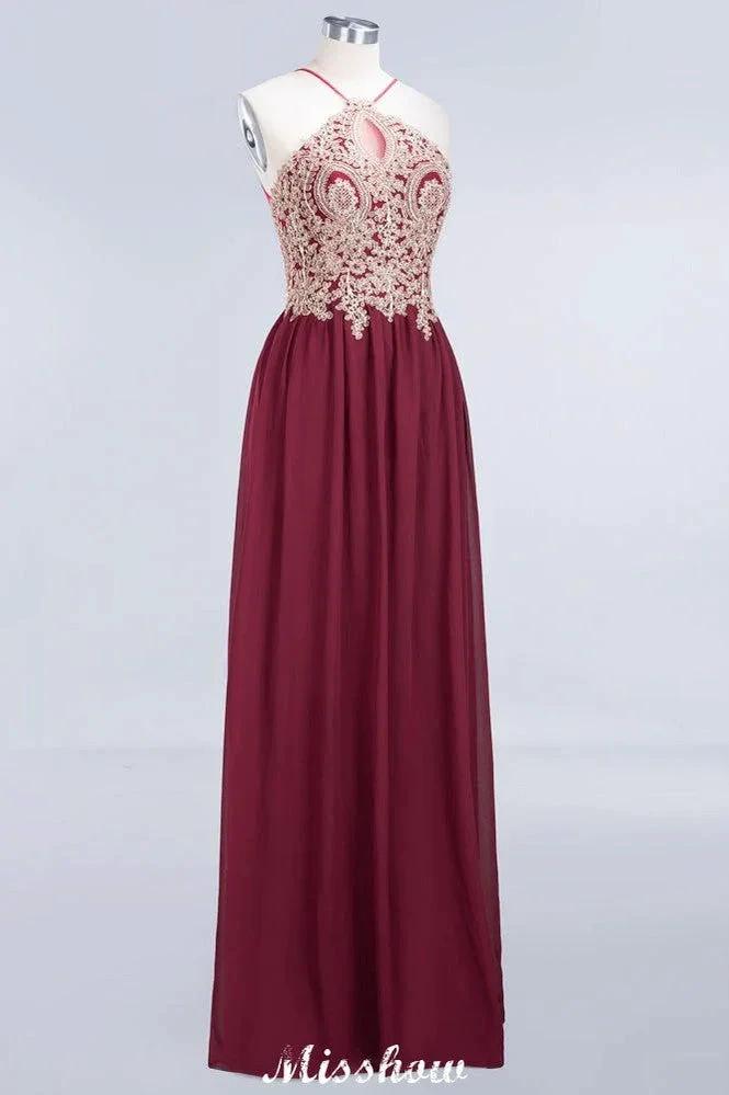 Halter Spaghetti Gold Appliques Swing Dress Sleeveless Tulle Chiffon Evening Maxi Dress by misshow.com