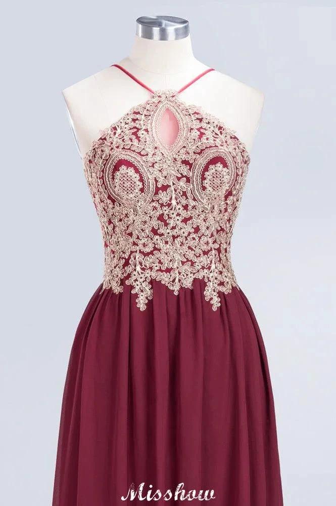 Halter Spaghetti Gold Appliques Swing Dress Sleeveless Tulle Chiffon Evening Maxi Dress by misshow.com