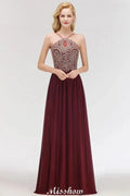 Halter Spaghetti Gold Appliques Swing Dress Sleeveless Tulle Chiffon Evening Maxi Dress by misshow.com
