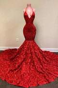 Halter Spaghetti Strapes Glitter Floral Lace Mermaid Prom Dress by misshow.com