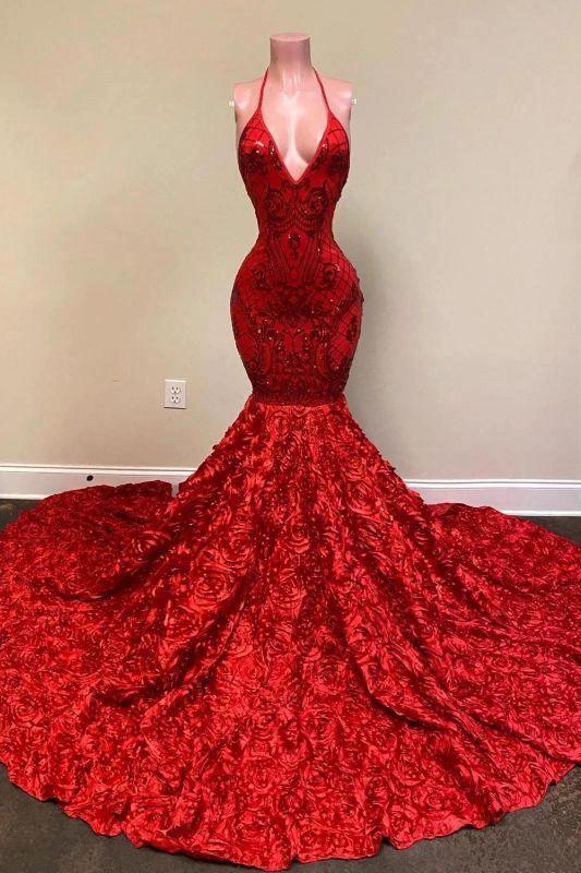 Halter Spaghetti Strapes Glitter Floral Lace Mermaid Prom Dress by misshow.com