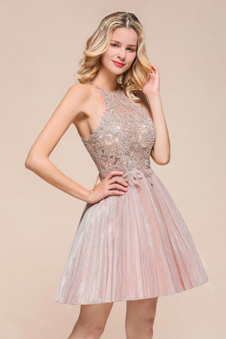 Halter Sparkly Short Homecoming Dress Floral Lace Aline Prom Dress Knee Length