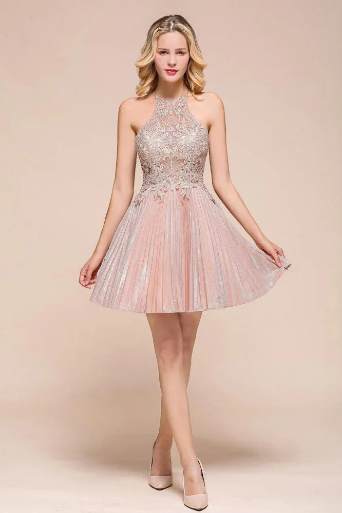 Vestido de fiesta corto con cuello halter y brillantes, de encaje floral, estilo Aline, hasta la rodilla