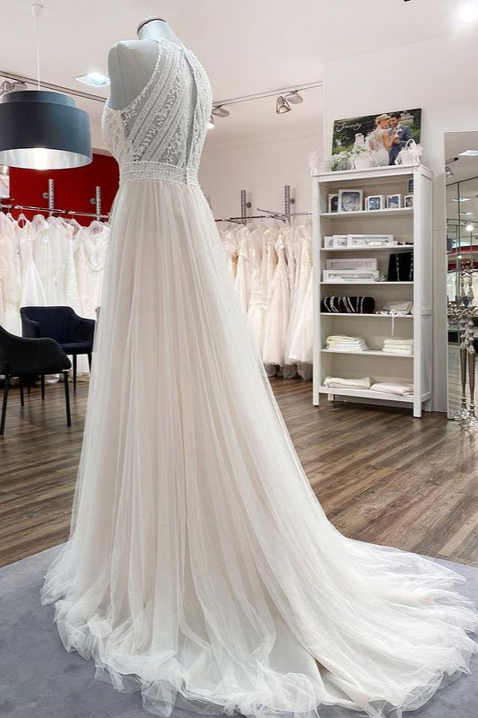 Halter Tulle Ivory Lace Backless Wedding Dresses