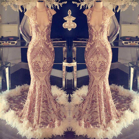 Halter V-neck Sequined Appliques Prom Dress with Feather