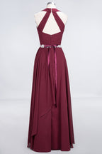 Halter V-Neck Sleeveless Ruffle Bridesmaid Dress with Appliques Sashes Evening Swing Dress