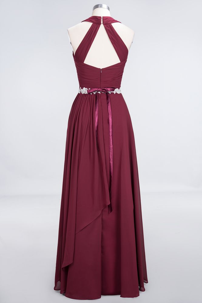 Halter V-Neck Sleeveless Ruffle Bridesmaid Dress with Appliques Sashes Evening Swing Dress