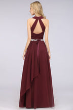 Halter V-Neck Sleeveless Ruffle Bridesmaid Dress with Appliques Sashes Evening Swing Dress