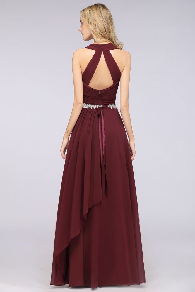 Halter V-Neck Sleeveless Ruffle Bridesmaid Dress with Appliques Sashes Evening Swing Dress