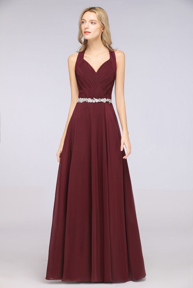 Halter V-Neck Sleeveless Ruffle Bridesmaid Dress with Appliques Sashes Evening Swing Dress