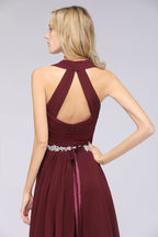 Halter V-Neck Sleeveless Ruffle Bridesmaid Dress with Appliques Sashes Evening Swing Dress