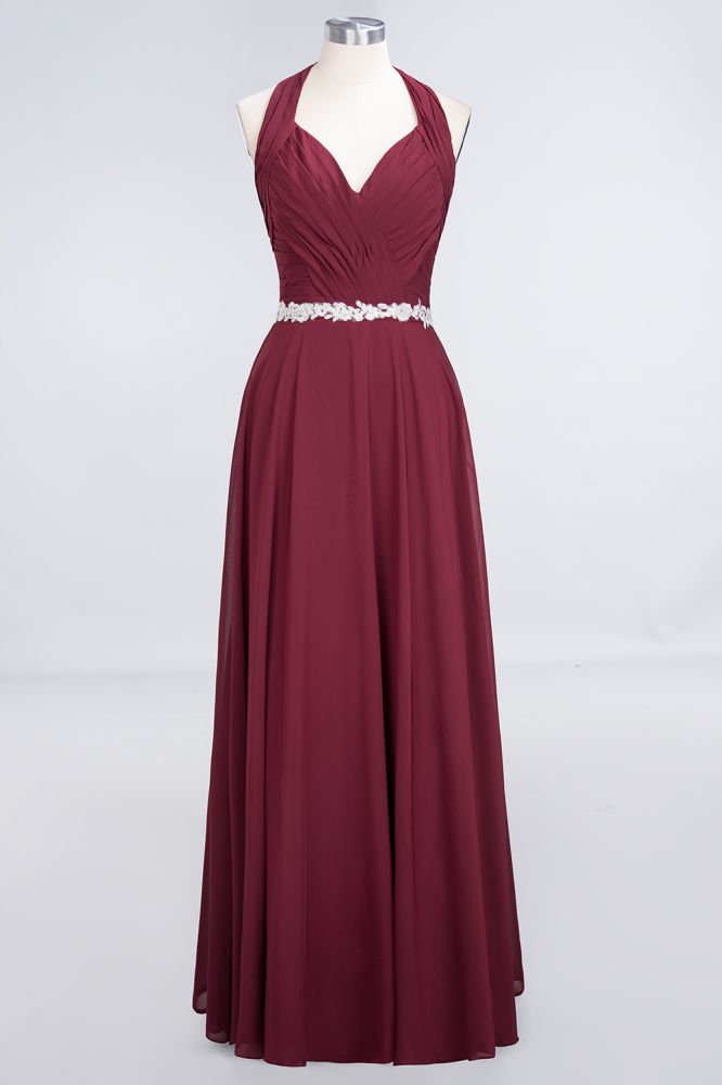 Halter V-Neck Sleeveless Ruffle Bridesmaid Dress with Appliques Sashes Evening Swing Dress