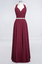 Halter V-Neck Sleeveless Ruffle Bridesmaid Dress with Appliques Sashes Evening Swing Dress