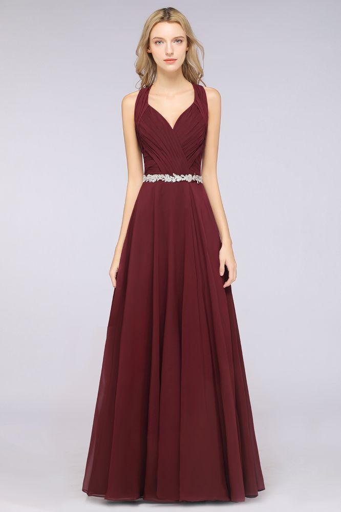 Halter V-Neck Sleeveless Ruffle Bridesmaid Dress with Appliques Sashes Evening Swing Dress