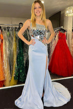 Harlow | Light Blue Cut Glass Mirror One-Shoulder Trumpet Long Formal Dress with Slit by KissProm