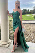 Harriet | Mermaid Strapless Sweetheart Pleated High Slit Satin Long Prom Dress by KissProm