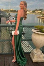 Harriet | Mermaid Strapless Sweetheart Pleated High Slit Satin Long Prom Dress by KissProm