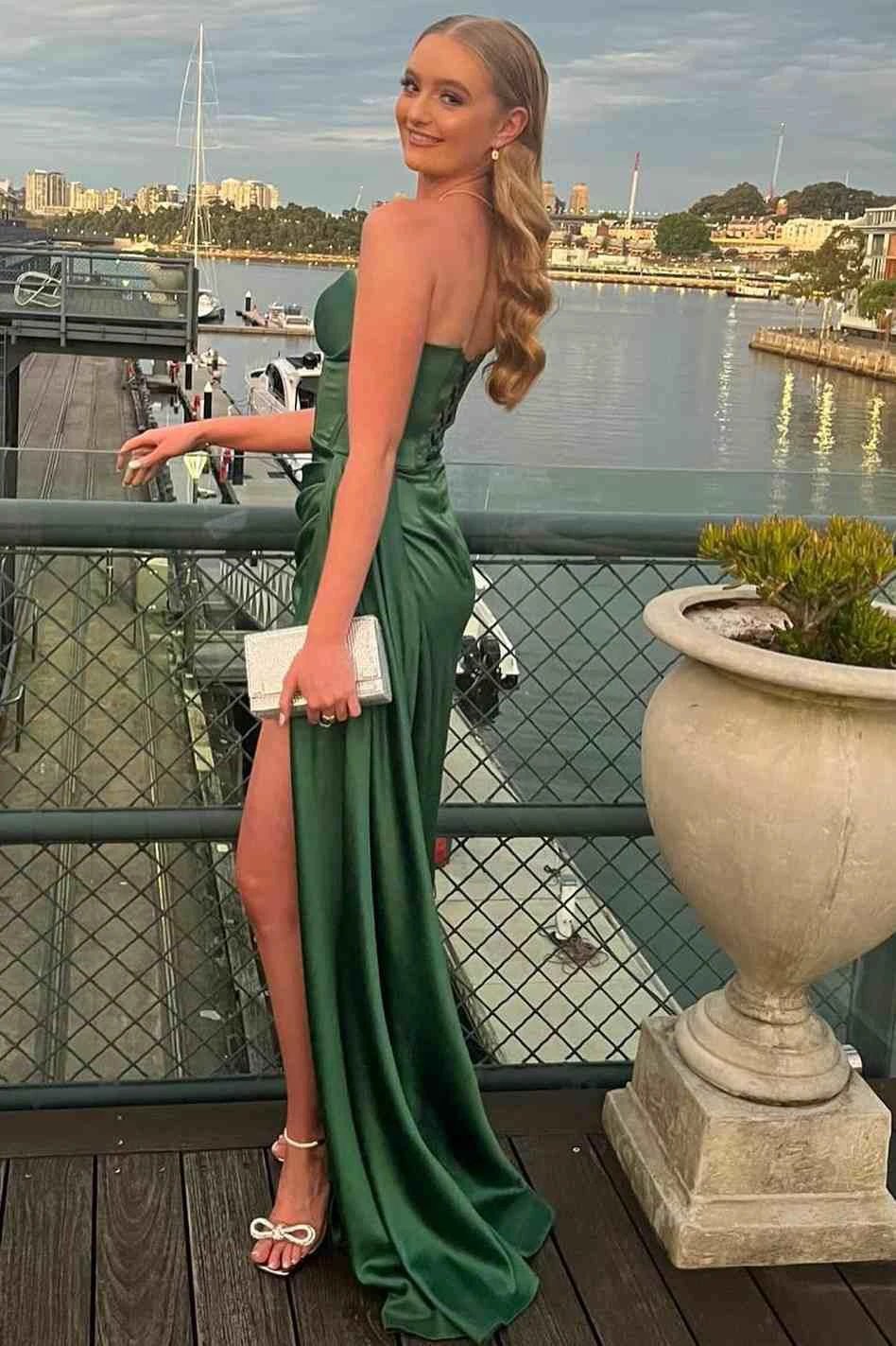 Harriet | Mermaid Strapless Sweetheart Pleated High Slit Satin Long Prom Dress by KissProm